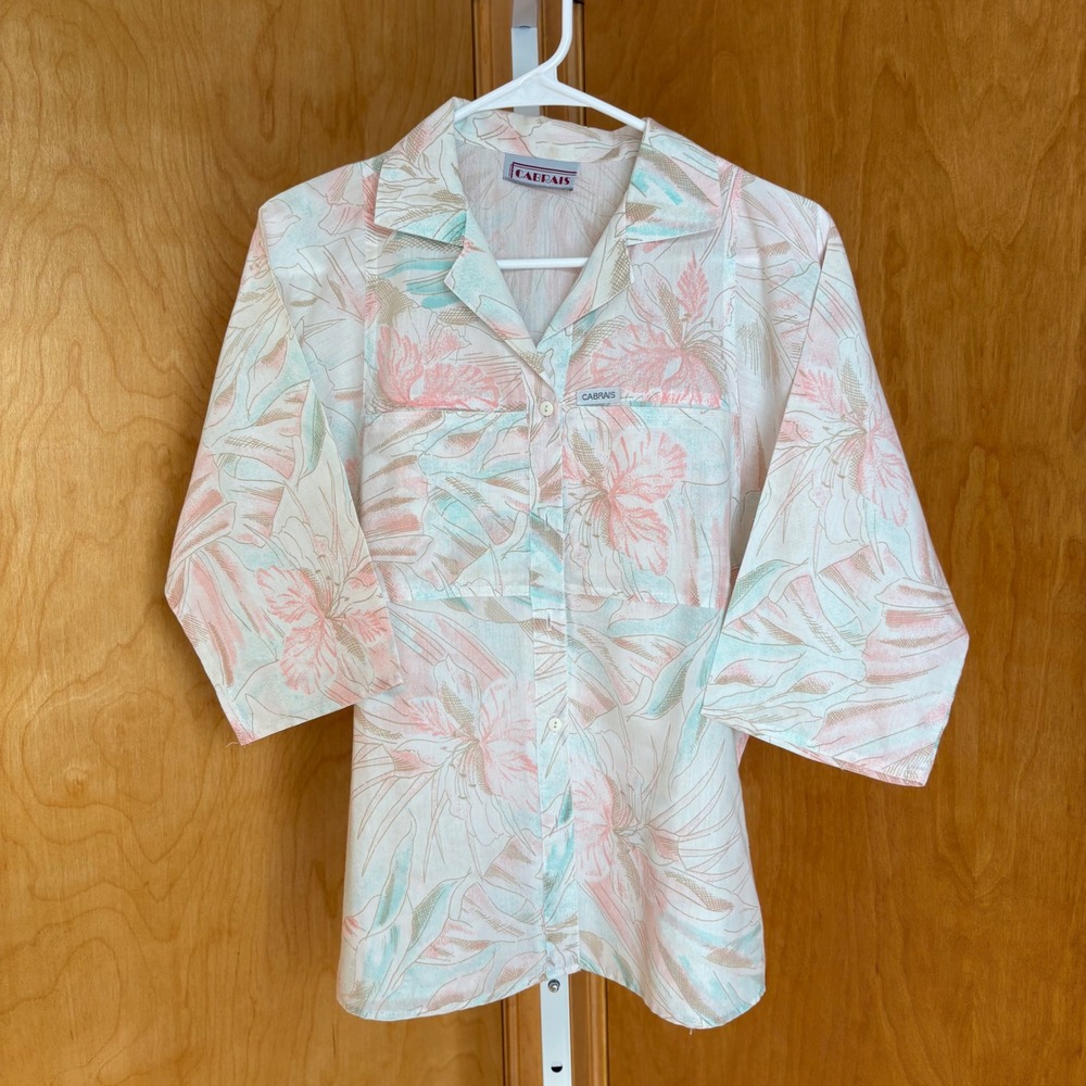 VTG Cabrais‎ Tropical Floral Button Up Shirt Women S Pink Teal Short Sleeve